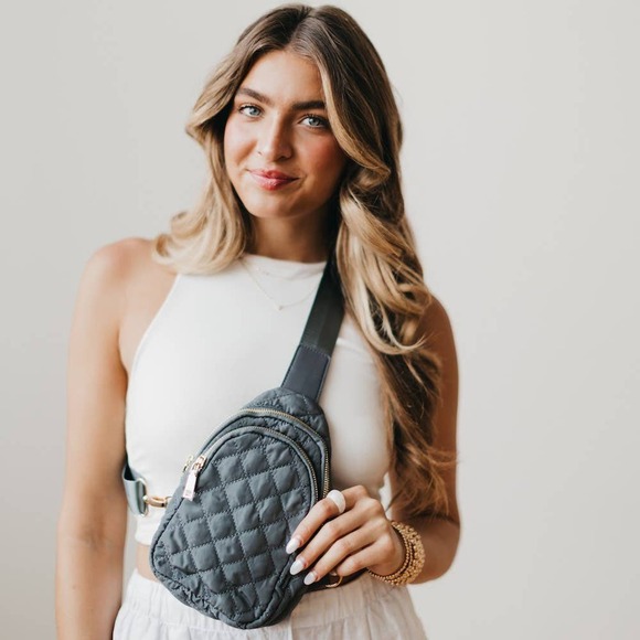 Pretty Simple Handbags - Grey Quilted Puffer Puffy Sling Bag